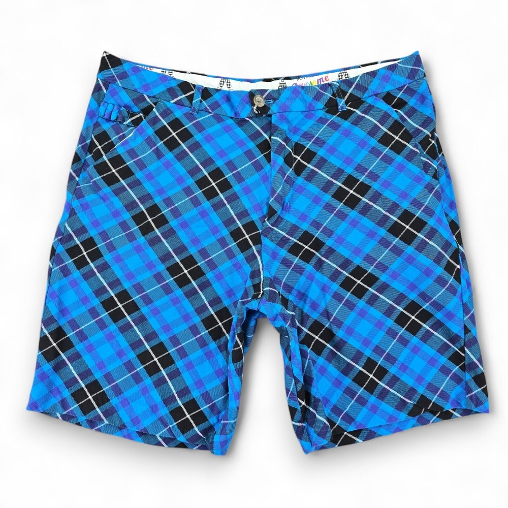 Royal Awesome Blue Plaid Golf Shorts Mens 38 Cotton Spandex Stretch Tee Holders